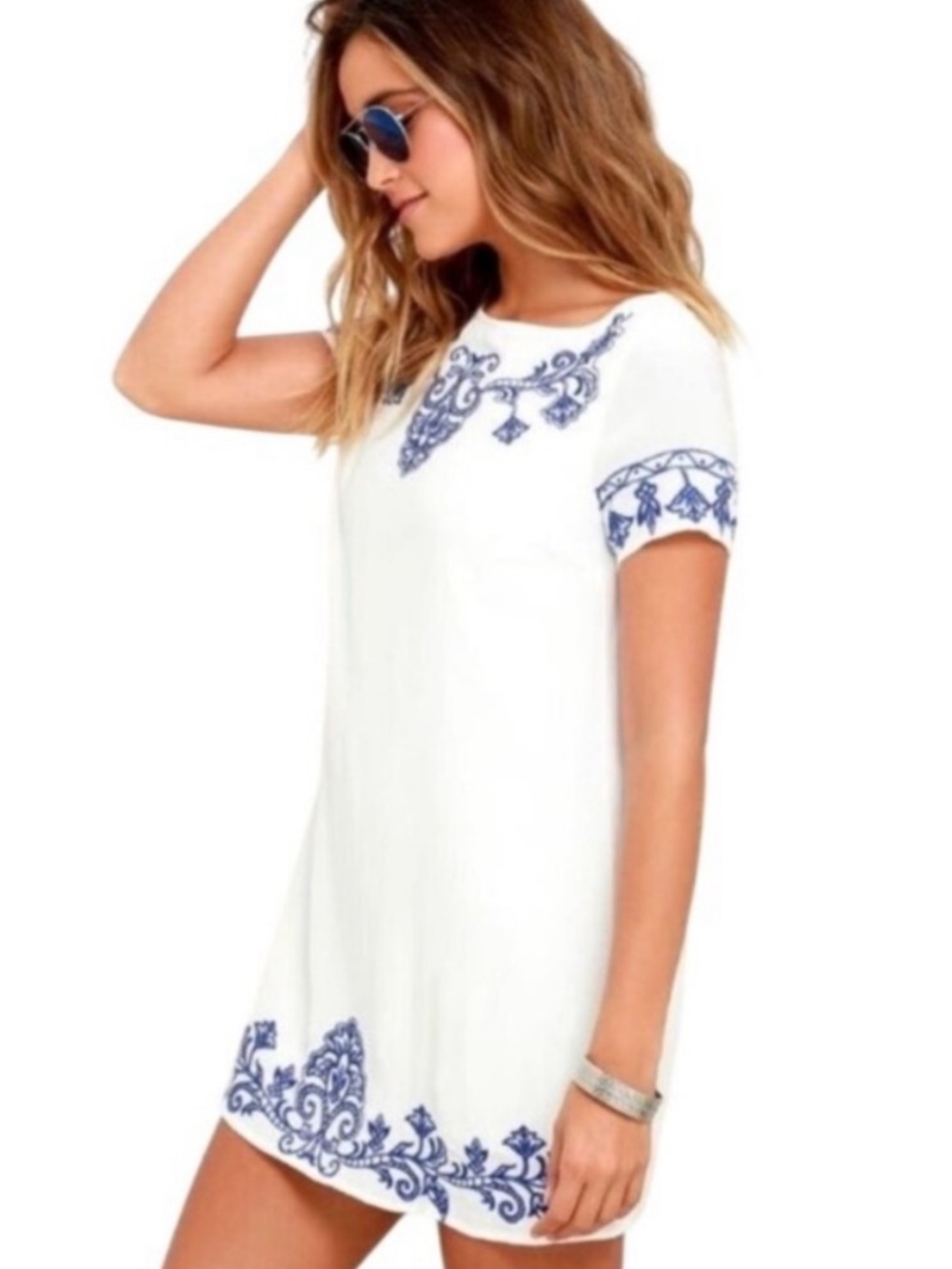 Lulus Tale to Tell Blue Embroidered White Shift Dress Short Sleeve